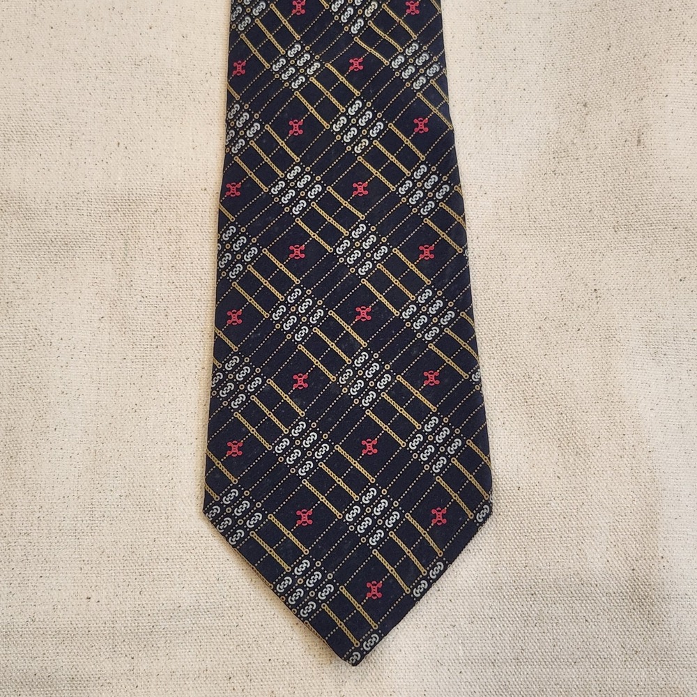 Vintage Celine Paris Silk Tie Navy Blue with Gold Chain & Sulky Horse Emblem